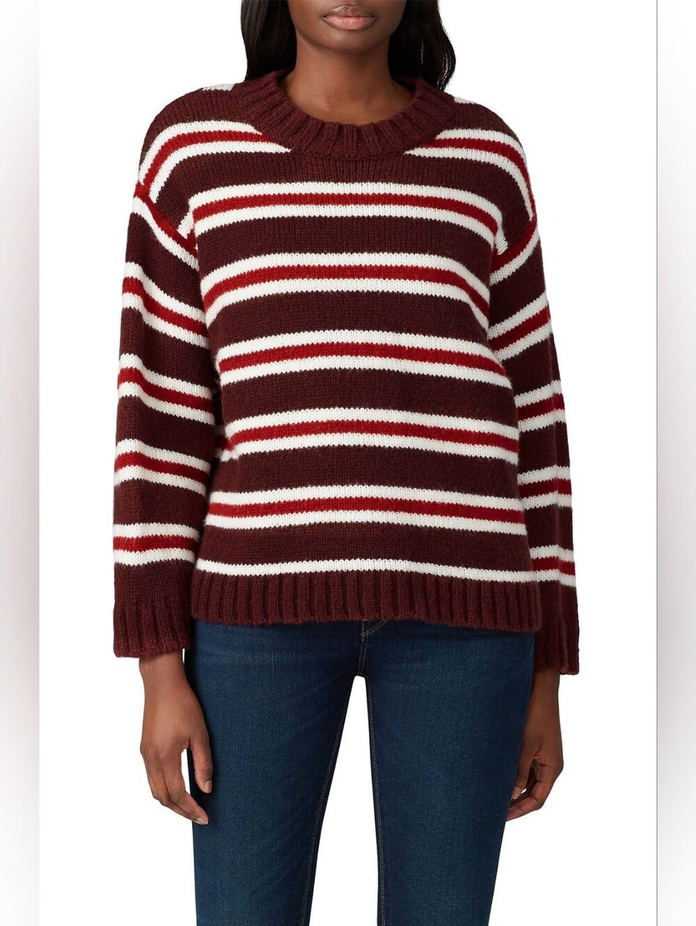 The Great Striped Crewneck Sweater in Burgundy, Red & Cream